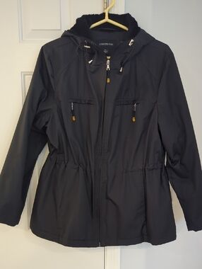 London Fog Women's Black Hooded Utility Jacket with Drawstring Waist